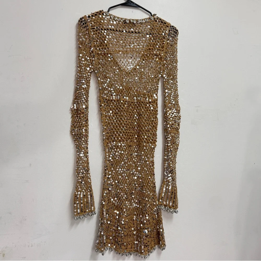 Retrofête Sequin Crochet Shell Embellished Dress Crochet Beach Dress bikinicover - Picture 8 of 9